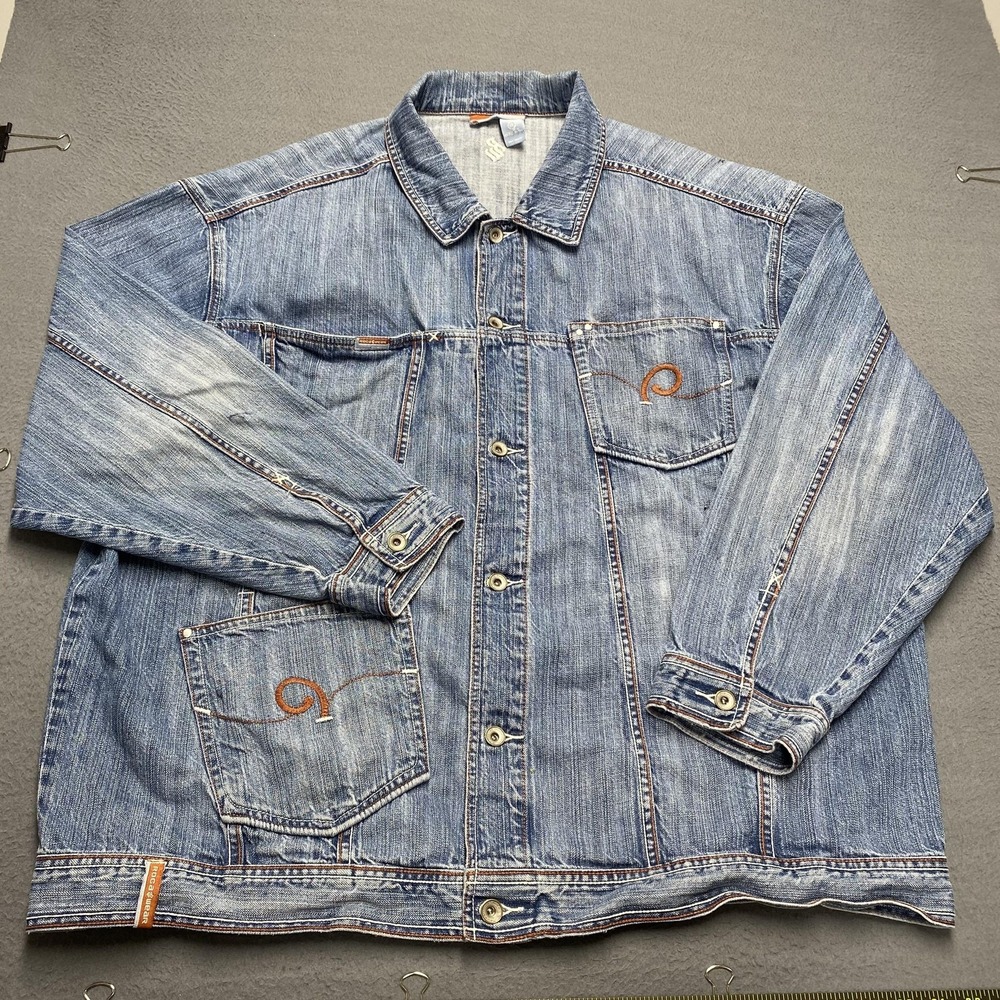 VTG Rocawear Jacket Mens 3XL Blue Denim Hip Hop Logo Button Front Streetwear y2k